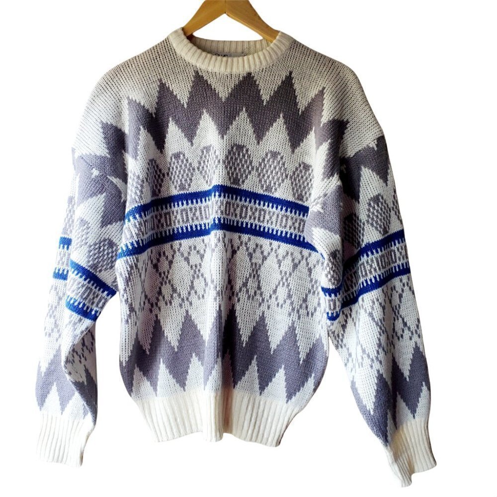 VINTAGE Weekend Aztec White Fleece Retro Coastal Sweater. Size Large